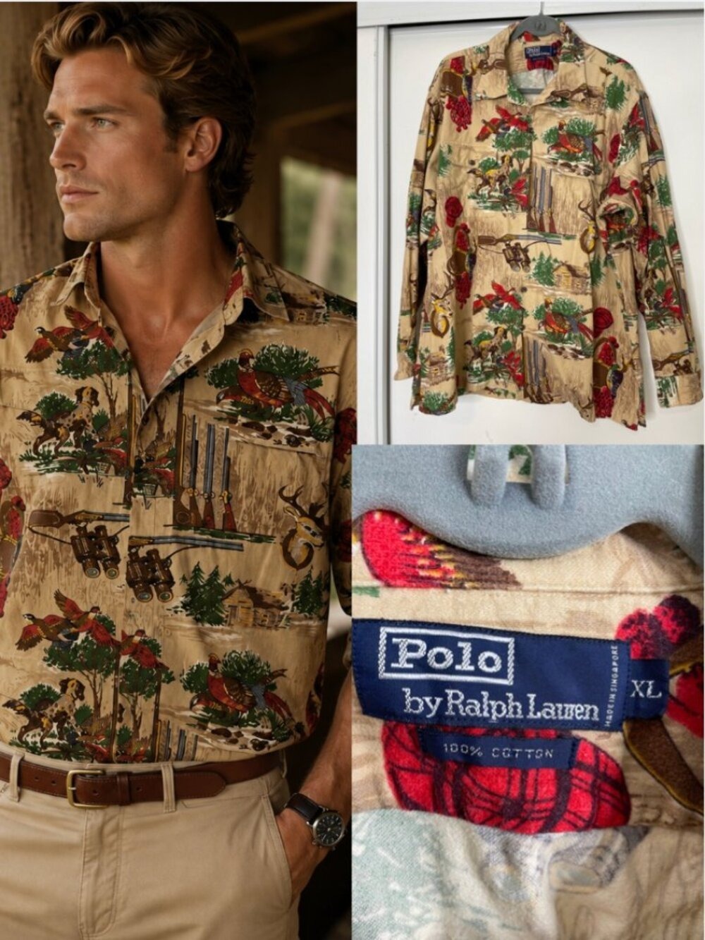 Vintage Polo Ralph Lauren Hunting Scene Pheasant Dog Print Shirt XL